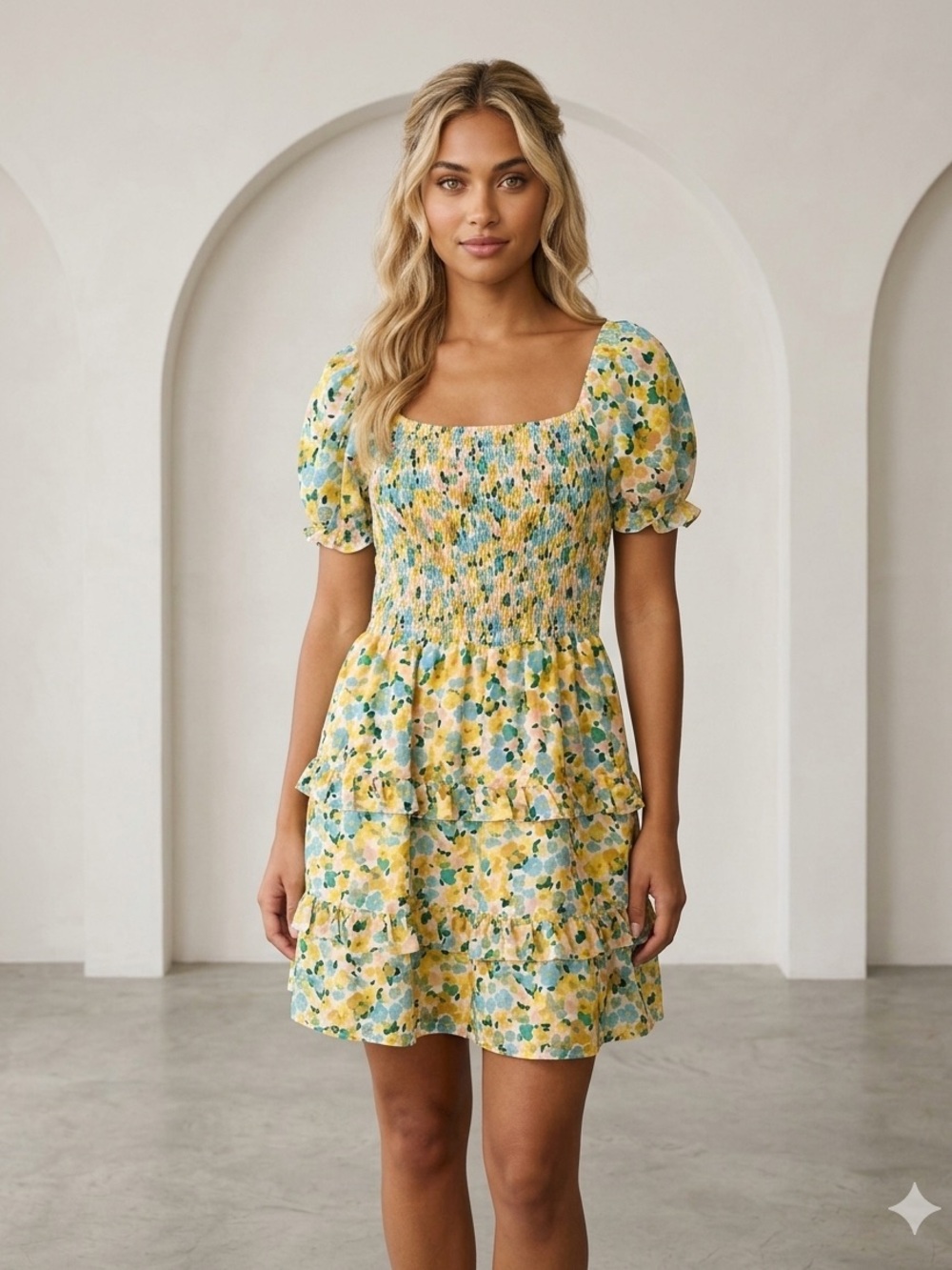 Regency Smocked Puff Sleeve Off Shoulder Dress Floral Watercolor‎ M